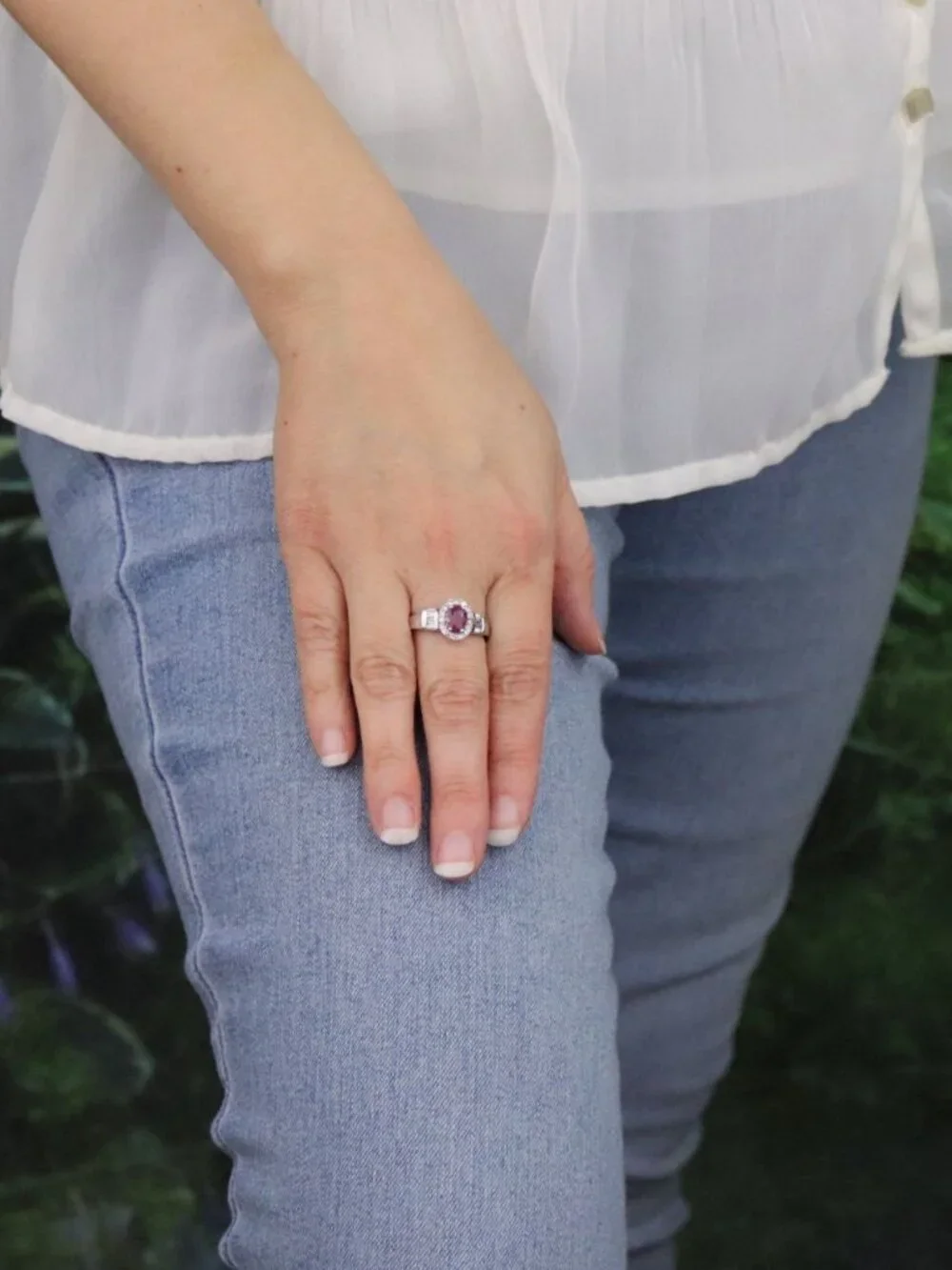 Sterling Silver Natural Ruby and White Zircon Ring Size 8 1/4
